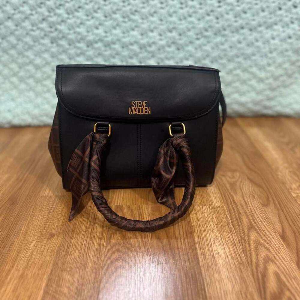 Steve Madden Bwellie Satchel Black Brown Logo Scarf